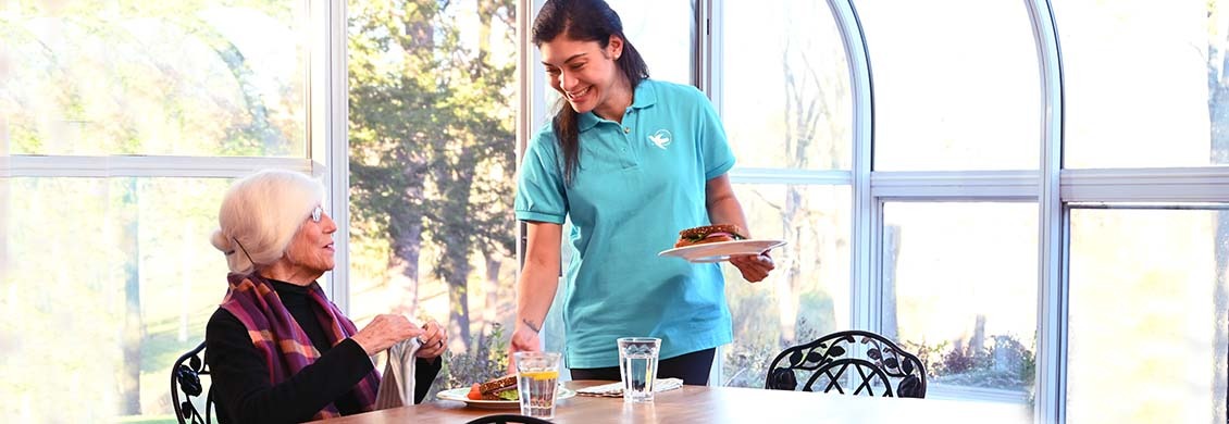 Female caregiver prepares meal for elderly woman at home.