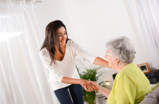woman shaking hands with senior woman shaking hands with senior